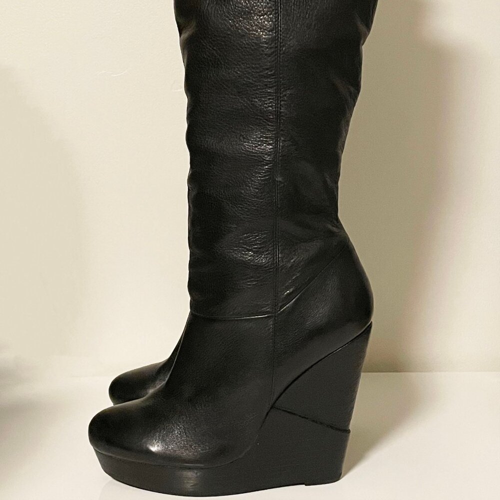 Aldo Black Leather Wedge Knee Boots